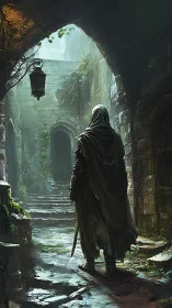 Cloaked figure in ivy-covered stone courtyard passageway.