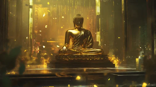Golden Buddha statue in volumetric light within ornate temple hall