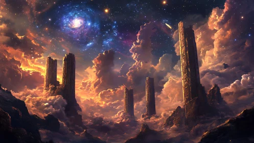 Celestial monoliths ascend through ember-lit cosmic clouds.
