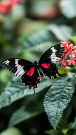 Macro study of black and red butterfly on tropical foliage.