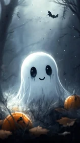 Cartoon ghost stands in misty forest with glowing pumpkins