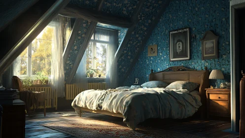 Sunlit attic bedroom with sloped ceiling and blue walls.