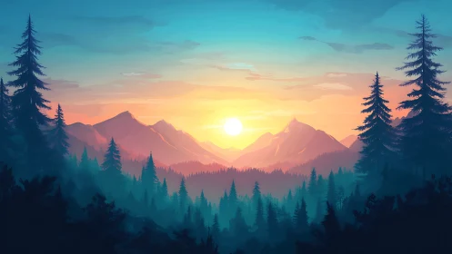 Sunrise glows over misty evergreen mountainscape panorama.