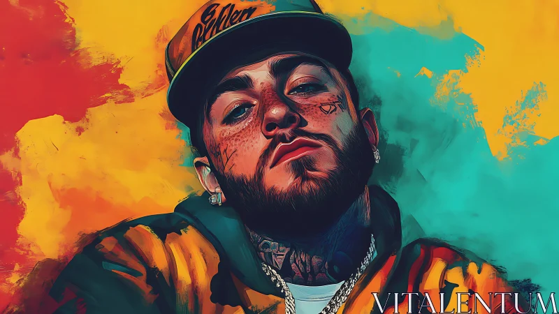 Chromatic digital portrait of tattooed streetwear subject in pose.