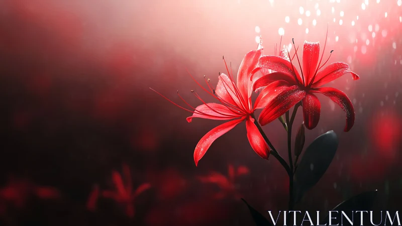 Red Lilies Backlit Against Gradient Sky.