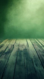 Green wooden floor with misty textured background wall.