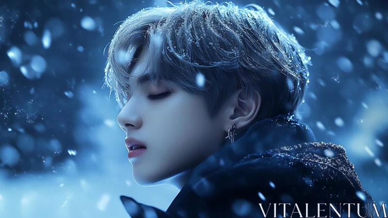 Side-profile winter portrait of silver-haired youth in snowfall