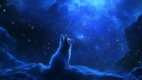 Stargazing fox curls beneath a shimmering cobalt sky