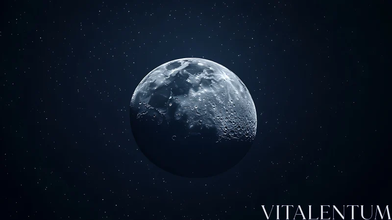 Photorealistic lunar sphere in deep space negative space study.