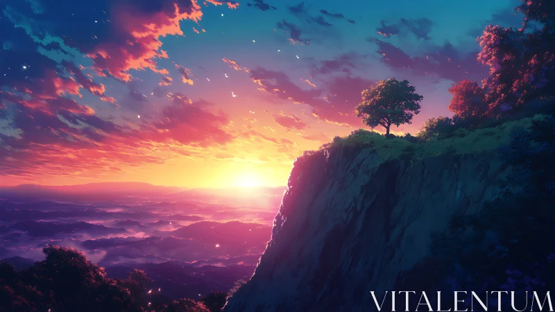 Lonely cliffside tree overlooks radiant valley sunrise