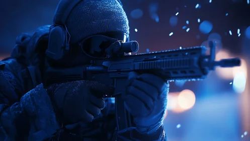 Sharpshooter in the Midnight Blue Gazes Through Scope's Lens