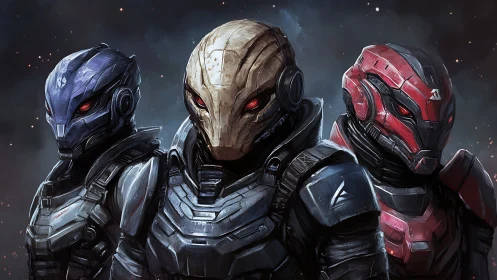 Triad of armored sci fi soldiers in detailed exosuits.