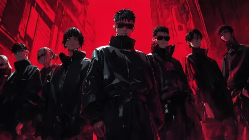Futuristic street gang under red neon city glow.