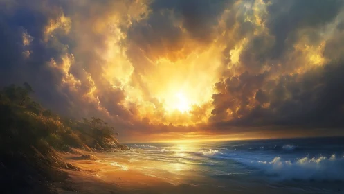 Sunset light over cloudy seascape and sandy shoreline.