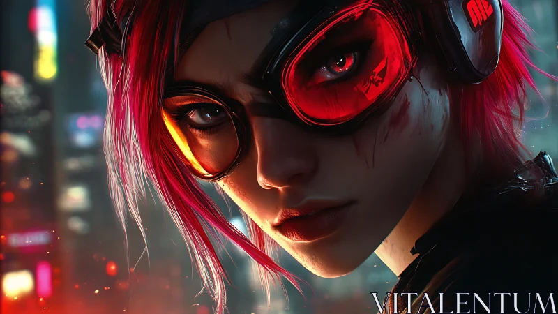 Cyberpunk woman with red hair and visor in neon cityscape.