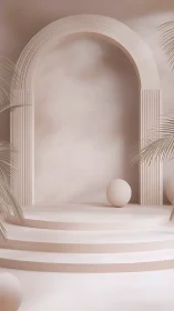 Monochrome arched stage with geometric forms and foliage.