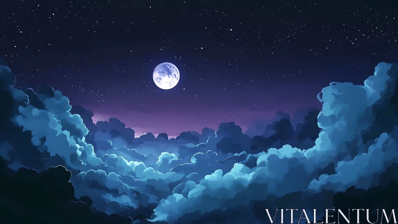 Luminous full moon over stylized clouds in deep night sky.