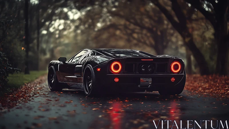 Midnight supercar glows through autumn’s rain-slicked hush.