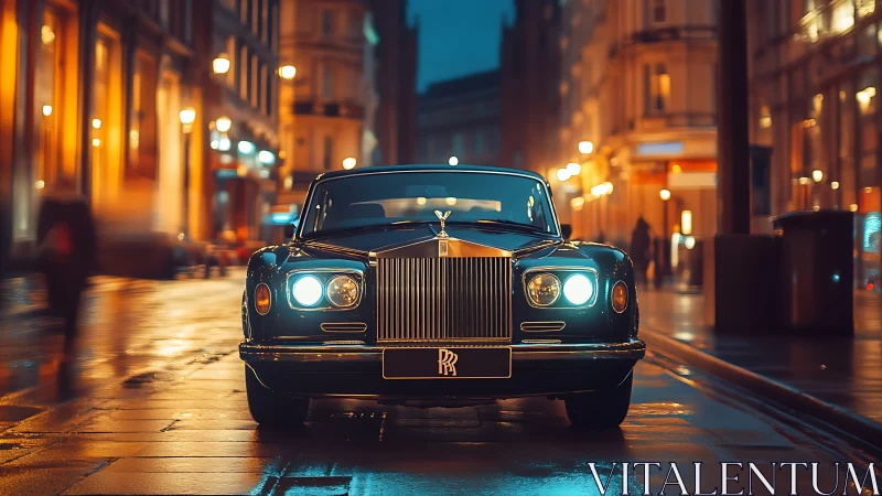 Vintage luxury sedan glows on a wet city street at dusk.