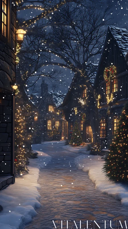 Snow-covered village lane with seasonal lights at night.