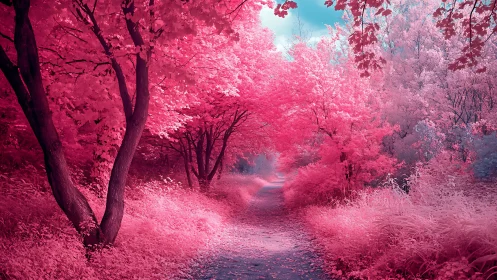 Infrared woodland path with saturated magenta canopy treatment.