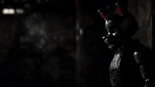 Animatronic wolf lingers in rusted gloom, half-lit with dread.