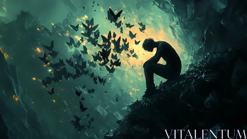 Solitary figure with dark butterflies in glowing chasm.