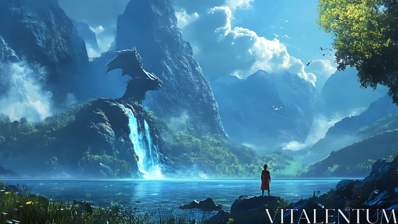 Lone traveler confronts towering dragon by a mystic waterfall.