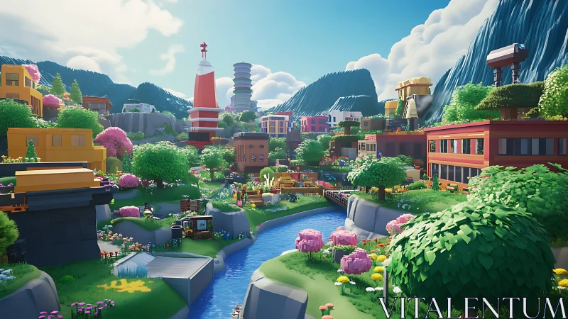 Colorful riverside village glows under bright playful skies