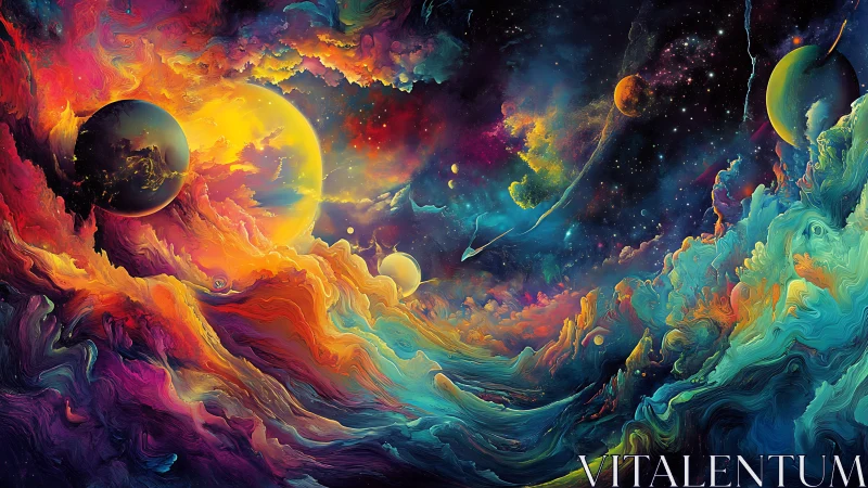 Cosmic tides swirl as painted planets surf nebular waves