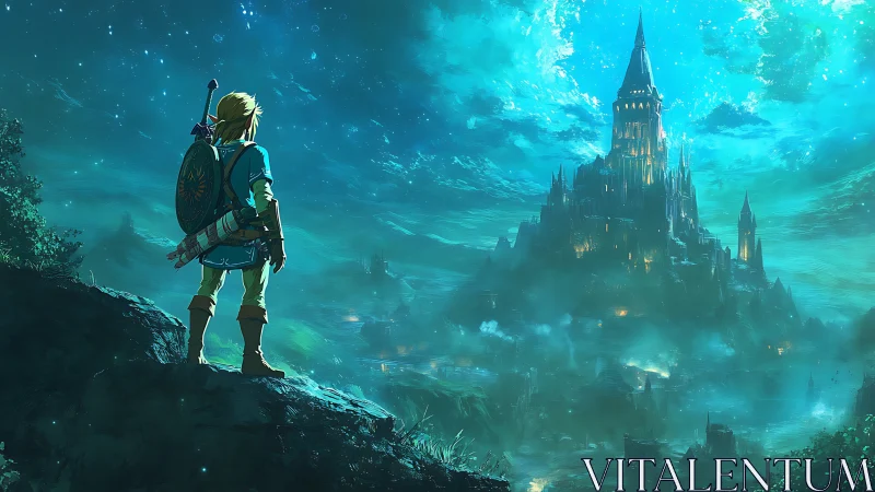Lone hero gazes toward a moonlit emerald fantasy citadel.