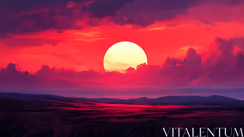 Crimson sunset over distant hills and reflective plains.