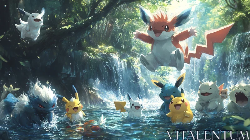 Playful electric creatures splash under sunlit waterfall