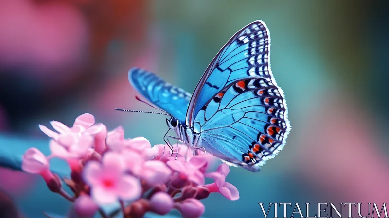 Cerulean butterfly on pink florets in shallow depth-of-field.