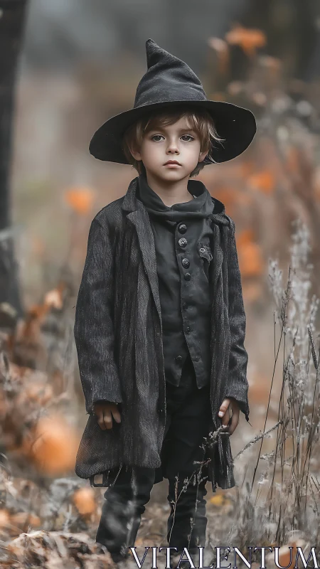 Autumn witchling boy stands solemn in a misty forest hush.