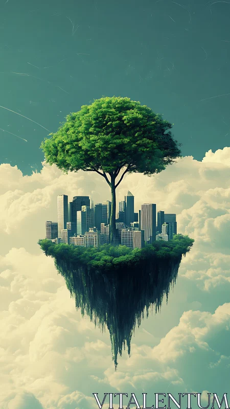 Floating city island supports single towering tree in sky