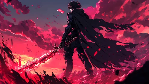 Backlit swordsman in crimson storm, torn cloak, glowing blade