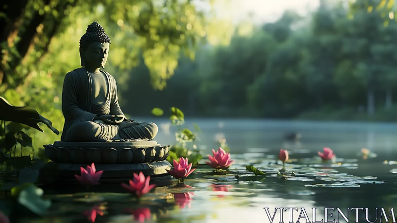 Buddha statue sits beside a pond with pink lotus flowers