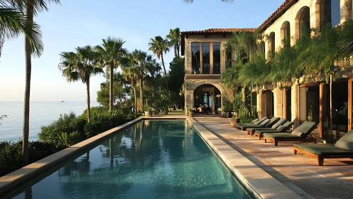 Luxury coastal villa embraces infinity pool at sunset.