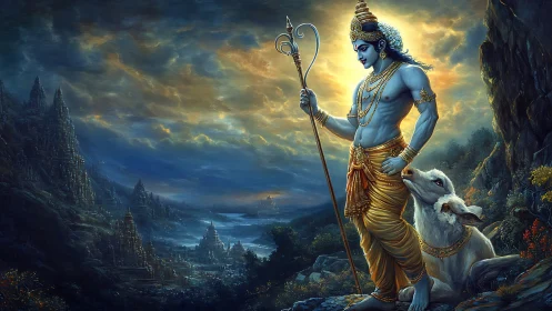 Blue-skinned deity with cow overlooking valley landscape.