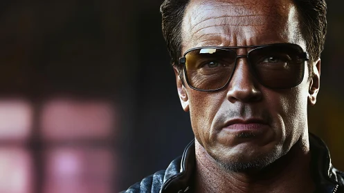 Cool leather clad man gazes ahead with bold confidence