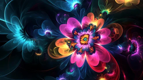 Fractal neon flower bloom in radiant cosmic swirl.