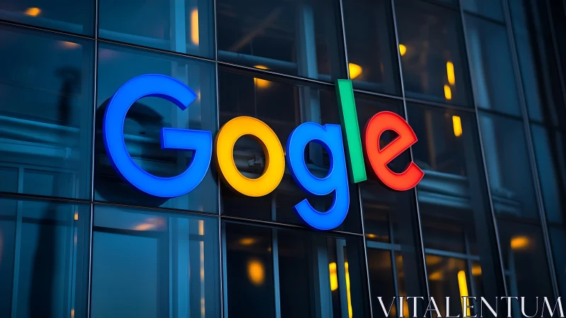 Corporate facade with illuminated multicolor logotype signage.