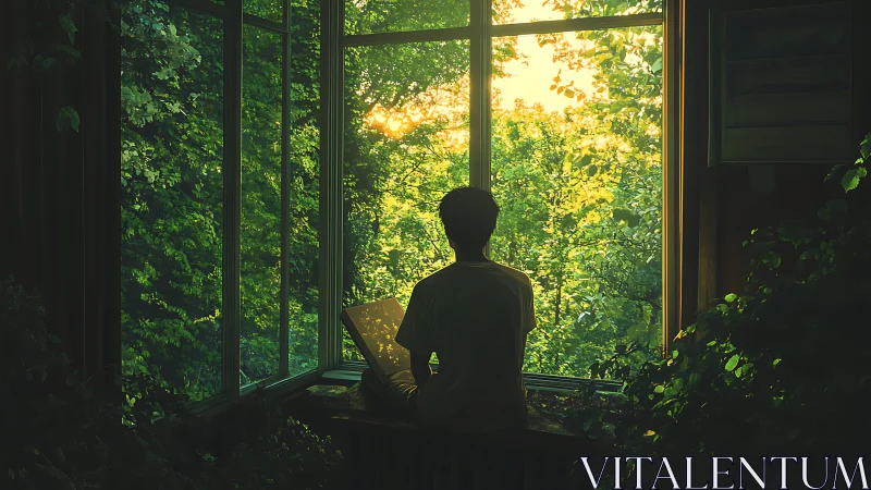 Person with laptop sits at window overlooking dense forest