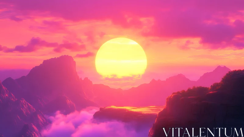 Neon gradient sunset over stylized mountain ridges and clouds