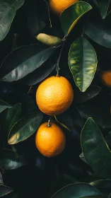 Ripe oranges hanging on dark glossy citrus foliage.