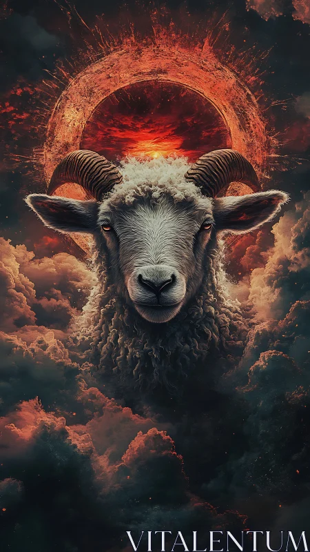 Horned ram ascends through fiery eclipse and storm clouds