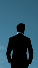 Silhouetted suit quietly measures the endless blue skyline