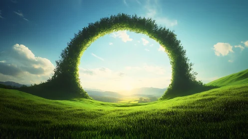 Circular hedge arch frames distant valley at sunrise