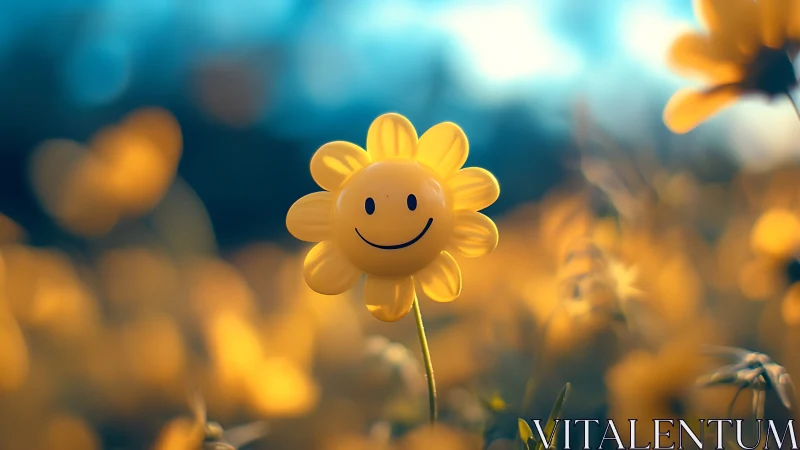 Smiling yellow flower glows warmly in a dreamy summer field